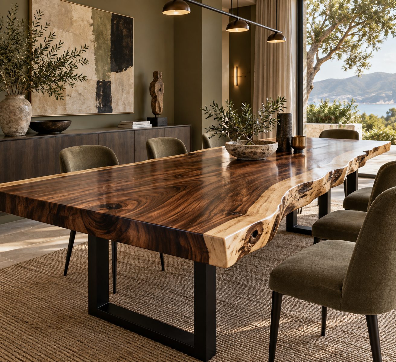 Finished Monkey Pod live edge dining table in a modern room