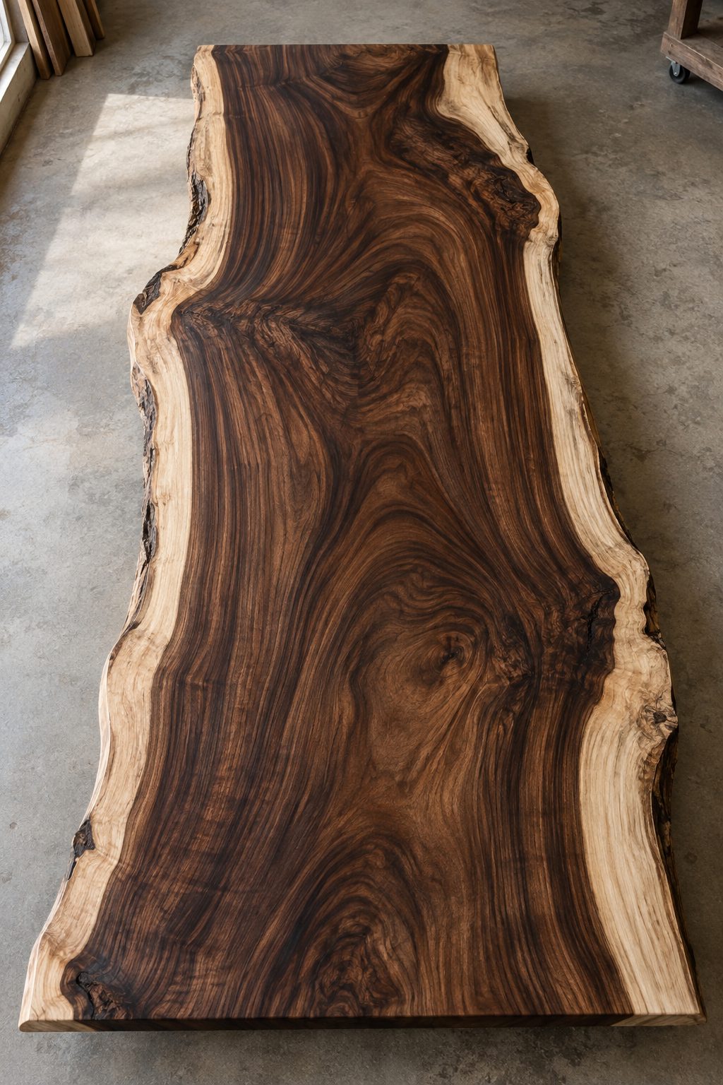 Monkey Pod live edge slab with dark heartwood and cream sapwood edges